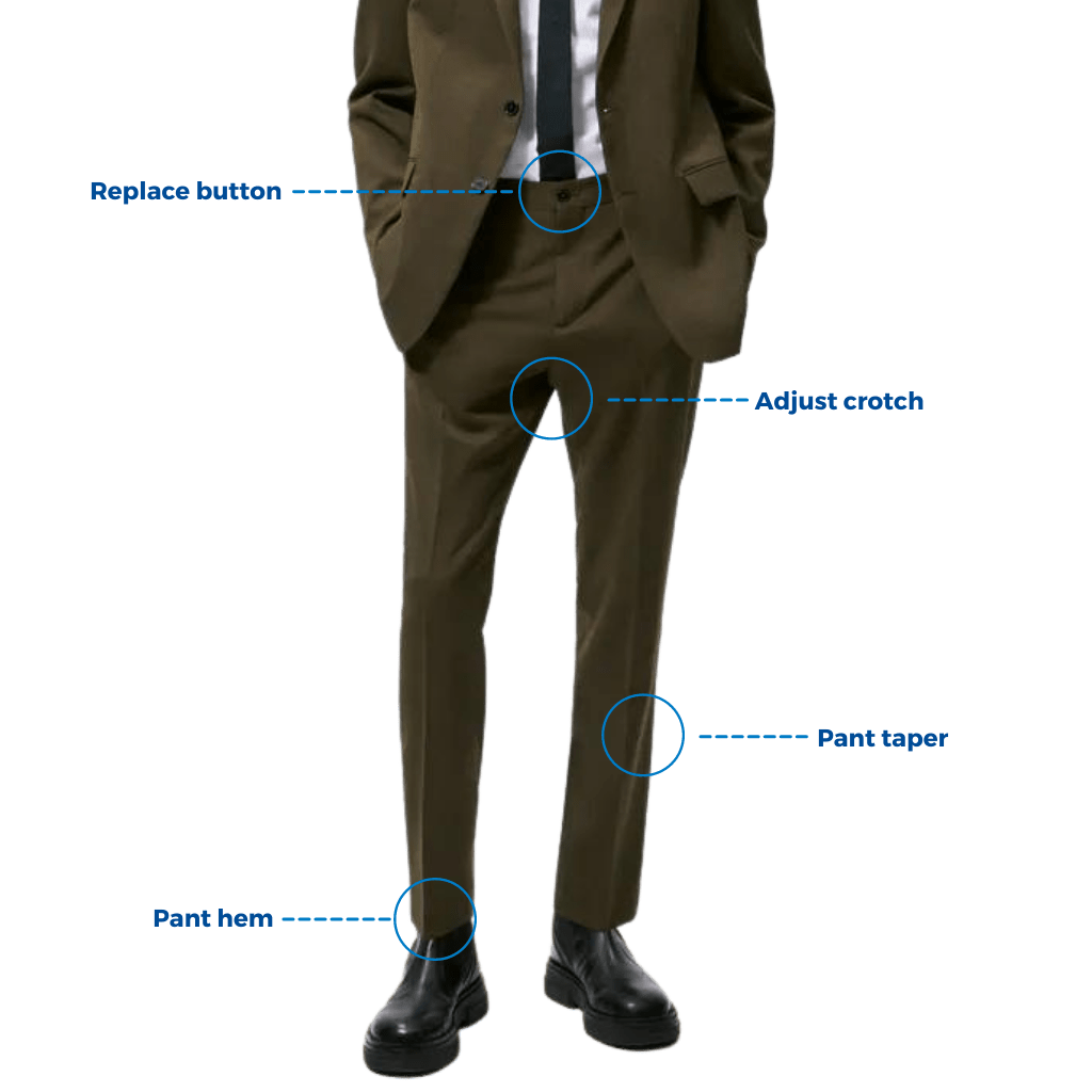 An example of pant alterations that Stitch It offers. Services such as button replacements, crotch adjustments, pant tapers, and pant hems are available.