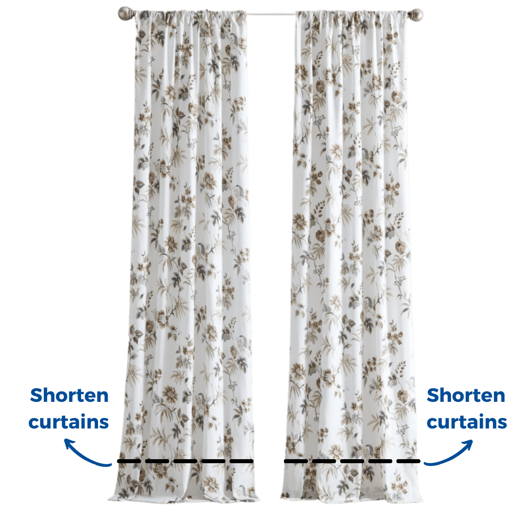 A picture of hanging curtains. At the bottom of the curtains are dotted lines leading to words that say "shorten curtains".