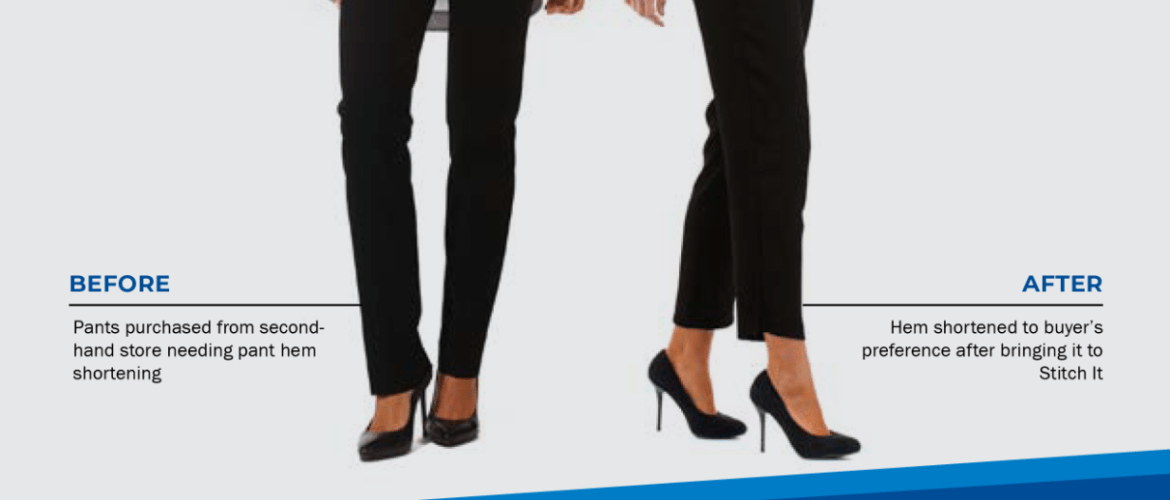 A photo showing a before and after of women's pants. The before side of the image shows pants purchased from a second-hand store that needs pant hem shortening. The after side of the image shows the same pants but with the hem shortened to the buyer's preference.