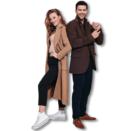 A fashionable man & woman wearing well-fitted clothing.
